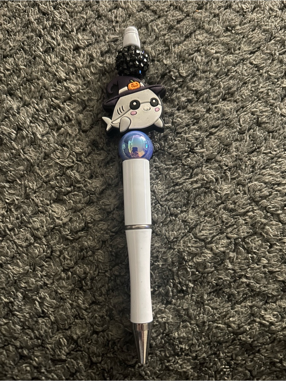 Hand Crafted White Shark Halloween Ballpoint Pen with Purple Hat Accents